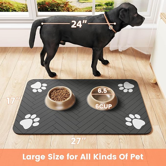 Pet Feeding Mat-Absorbent Pet Placemat for Food and Water Bowl, with Waterproof Rubber Backing, Quick Dry Water Dispenser Mat for Dog and Cat (17"x27", Striped Dark Gray)-Mewly Pet