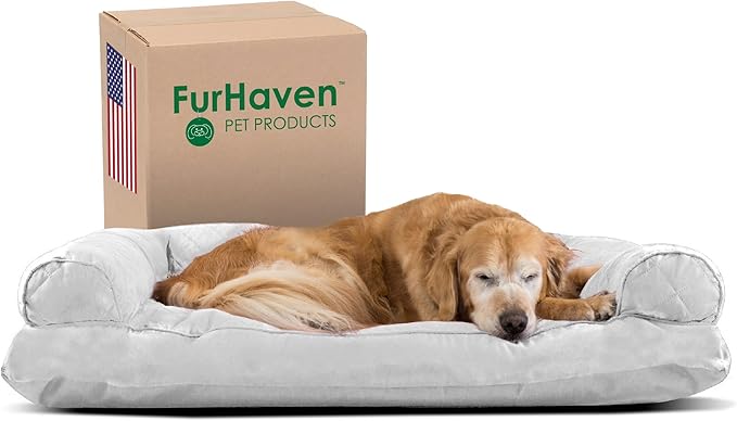 Furhaven Pillow Dog Bed for Large Dogs w/ Removable Bolsters & Washable Cover - Quilted Sofa - Silver Gray, Jumbo/XL-Mewly Pet