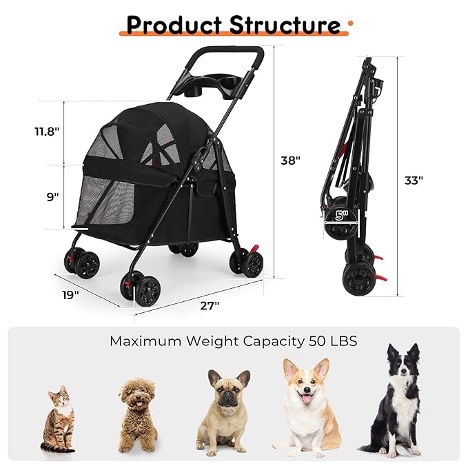 Foldable Pet Stroller for Small/Medium Pets up to 22 lbs - Lightweight 4-Wheel Design with Sun Canopy, Storage Bag & Breathable Mesh-Mewly Pet