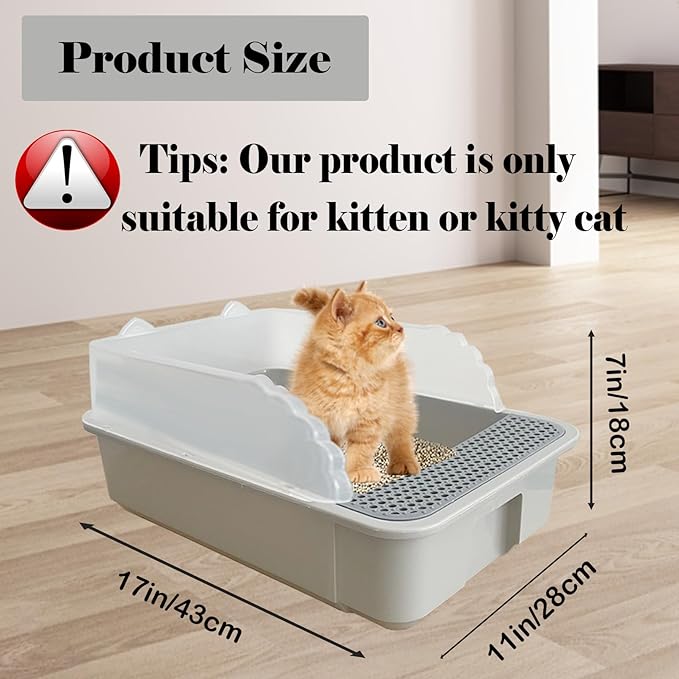 kathson Open Small Cat Litter Box with High Side,Anti-Splashing Kitten Litter Pan,Semi-Enclosed Removable Kitty Cat Toilet with Litter Sifting Scoop for Boxes Easy to Clean No Odor-Grey-Mewly Pet