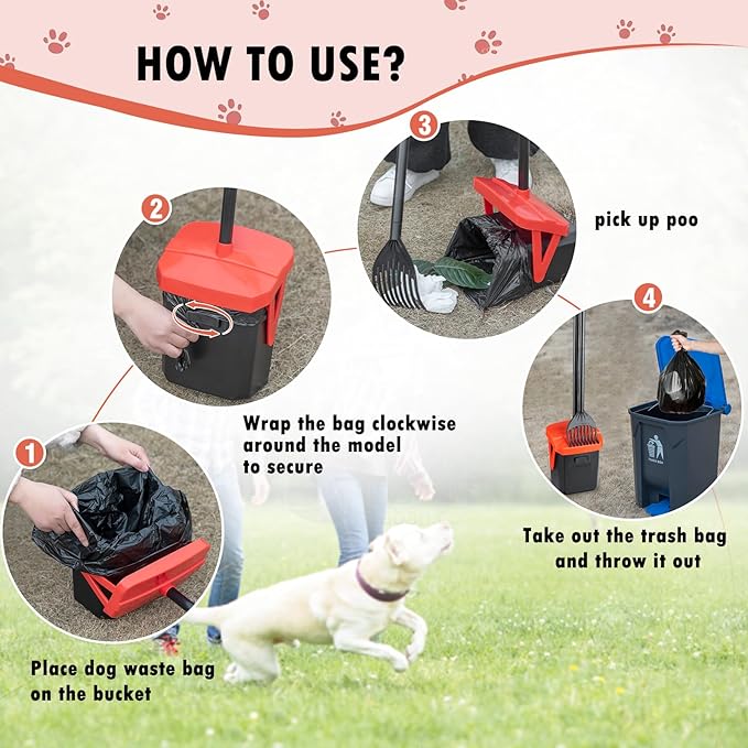 TIMINGILA 36" Pooper Scooper Swivel Bin & Rake with 100 Dog Poop Bags,Adjustable Long Handle for No-Bend Cleanup,Portable Non-Breakable Dog Poop Scooper for Large Medium Small Dogs-Mewly Pet