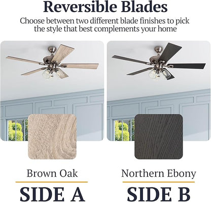 Prominence Home Glenmont, 52 Inch Farmhouse LED Ceiling Fan with Light, Pull Chain, Three Mounting Options, Dual Finish Blades, Reversible Motor - 50388-01 (Pewter)