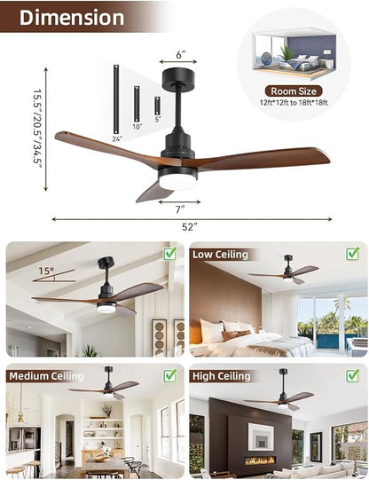 Sofucor 52 Inch Ceiling Fans with Lights and Remote Control, Modern Solid Wood Outdoor Ceiling Fan with Light for Bedroom Living Room Indoor Farmhouse Patio, Quiet DC Motor