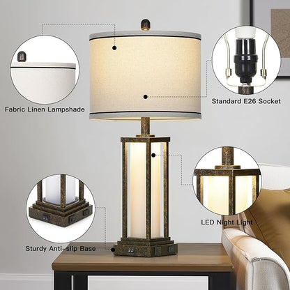27in Tall Farmhouse Table Lamp with USB C+A & Outlet,Bronze Industrial End Table Lamp for Living Room,Vintage Rustic Bedside Lamp with Night Light for Bedroom Nightstand,Single Bronze