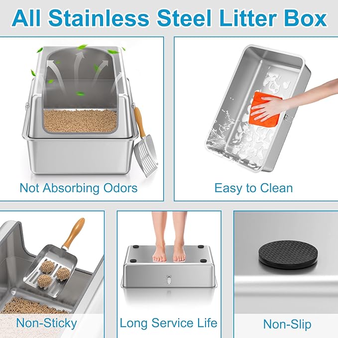 12'' High Sides XL All Stainless Steel Cat Litter Box with Lid,Deep Metal Litter Box for Big Cats,Extra Large Litter Boxes with High Wall Enclosure,Anti-Leakage,Never Absorbs Odors,Non-Sticky Surface-Mewly Pet
