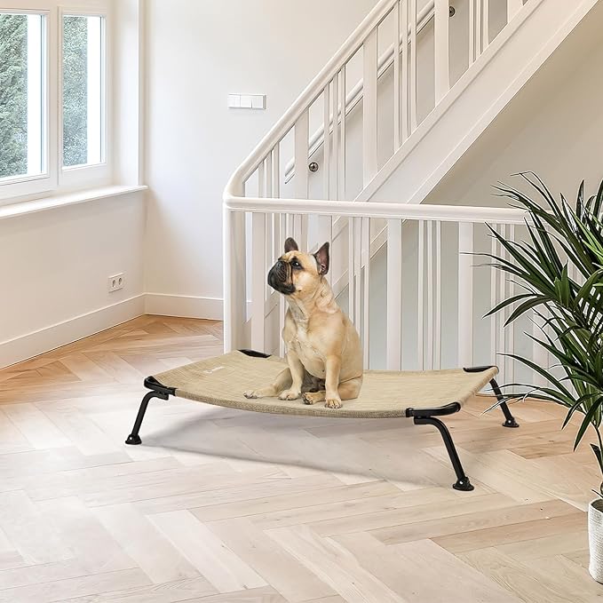 Veehoo Outdoor Elevated Dog Bed, Cooling Raised Dog Cots Beds for Medium Dogs, Portable Waterproof Curved Dogs Hammock Bed for Outside, up to 100lbs, Black Legs, Beige 32"-Mewly Pet