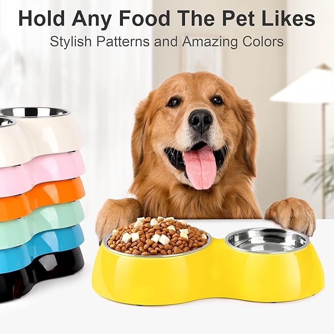 Elevated Dog Bowls Set - Non-Slip Raised Pet Feeder with Medium (2 Cups) & Large (4 Cups) Stainless Steel Bowls - Includes Durable Resin Stand for Puppies, Adult Dogs & Cats - Yellow-Mewly Pet