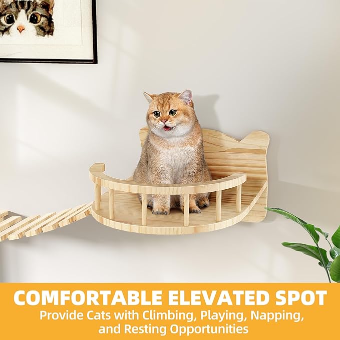 Cat Wall Shelves, Cat Wall Furniture Pine Wooden Feline Shelf, 9 Piece Shelves and Perches with Bed, House, Steps, Bridge Ladder and Scratching Post-Mewly Pet