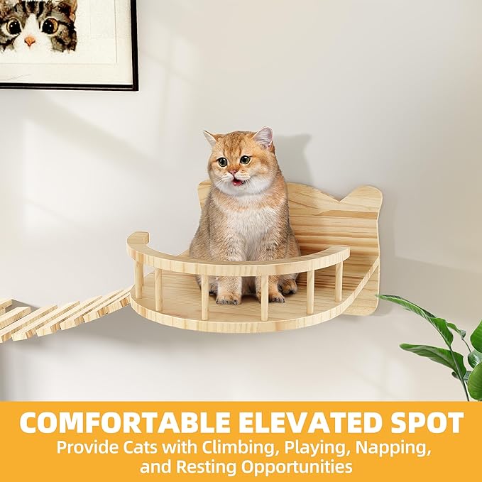 Cat Wall Shelves, Cat Wall Furniture Pine Wooden Feline Shelf, 18 Piece Feline Shelves and Perches with Condos, House, Steps, Bridge Ladder, Scratching Post and Tunnel