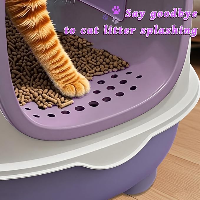 Large Cat Litter Box with Cat Litter Scoop, Foldable Litter Box with Lid, Front Entry and Exit Leak-Proof Litter Cat Box, Odor Control, Easy to Clean (Purple)-Mewly Pet