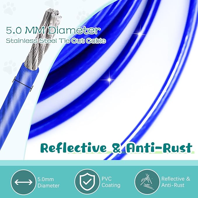 Tie Out Cable for Dogs, 100FT Dog Leads for Yard Chew Proof, Heavy Duty Dog Tie Out Cable for Large Dogs Up to 250lbs, Durable Dog Runner for Yard or Camping-Mewly Pet