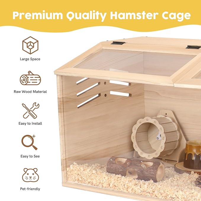 Snowtaros Wooden Hamster Cage, Large Hamster Cages and Habitats Chewproof, with 2 Openable Acrylic Top, Small Animal Cage for Mouse Gerbil Quail Dwarf Syrian Hamsters (31.5" L*15.7" W*15.7" H)-Mewly Pet