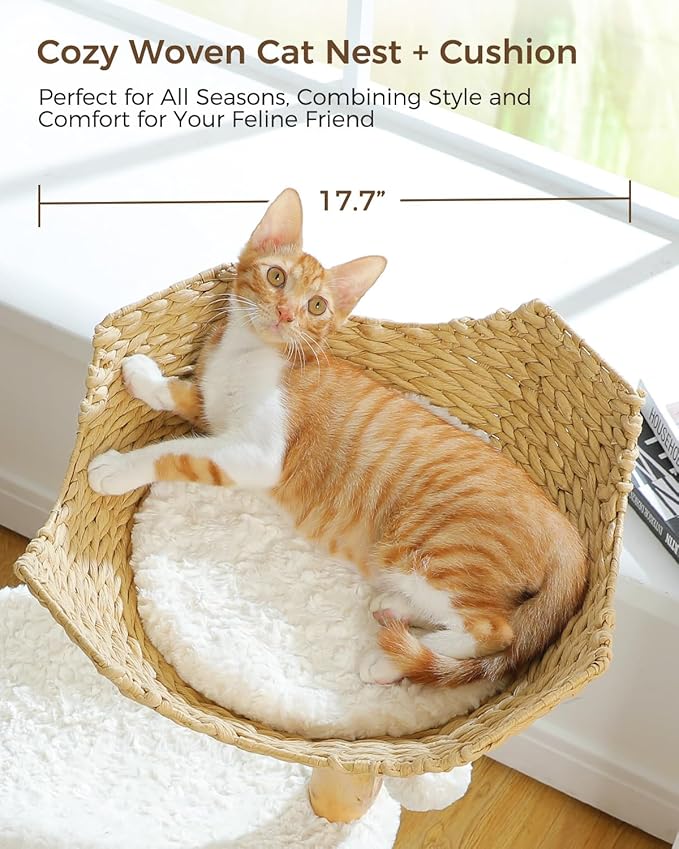 Modern Cat Tree Tower for Large Cats, Wood Cat Tower with Natural Scratching Post, Solid Wood Condo, Real Branch Luxury Cat Furniture with Curved Bed, Top Basket, White-Mewly Pet