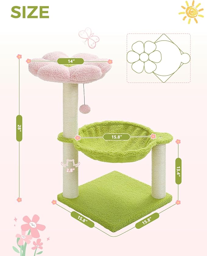 Flower Cat Tree, 28" Cat Tower with Cozy Flower Perch, Large Hammock for Indoor Small Cats, Cute Cat Tree with Sisal Scratching Post and Fur Toy Ball for Kittens, Pink-Mewly Pet