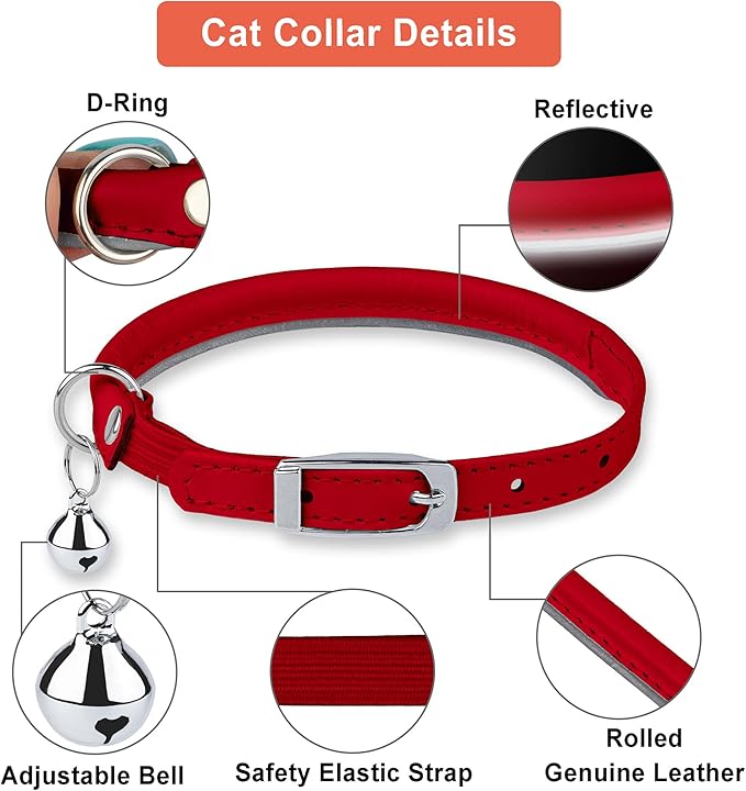 OOPSDOGGY Rolled Leather Cat Collar with Bell, Reflective Kitten Collars with Buckle Include Safety Elastic Strap - Adjustable Small Pet Collars for Boy Girl Cats (Red)-Mewly Pet