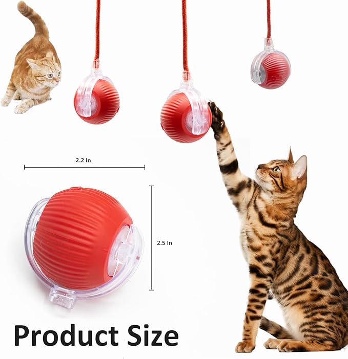 Interactive Cat Toys for Indoor Cats, 360° Smart Automatic Kitten Toys Self Rolling Pet Ball, Moving Dog Cat Ball with Mesh Tail for Bored, USB Rechargeable (Red)-Mewly Pet