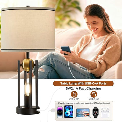 25'' Farmhouse Table Lamps for Living Room Set of 2 with USB C+A Ports, Vintage Bedside Lamp for Bedroom, Touch Lamps for Nightstand, Dual Lights Independent Switch, 4 Bulbs Included, Gold