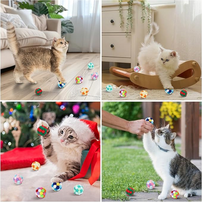 TUSATIY Interactive Cat Ball Toy, 6PCS Fuzzy Kitty Balls with Bells,Cats Pom Pom Balls for Kittens to Keep Busy,Colorful Cat Chew Toys for Indoor Cats-Mewly Pet