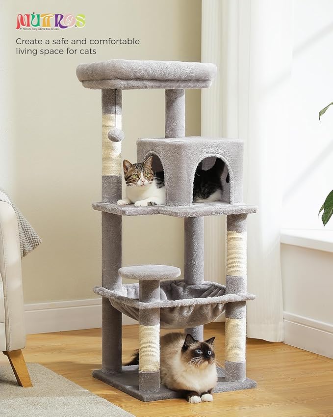 Cat Tree for Indoor Cats, 45.7" Multi-Level Cat Tower with Large Metal Frame Hammock, Cat Condo with 4 Scratching Posts and Top Perch for Small Medium Kitty, Grey-Mewly Pet