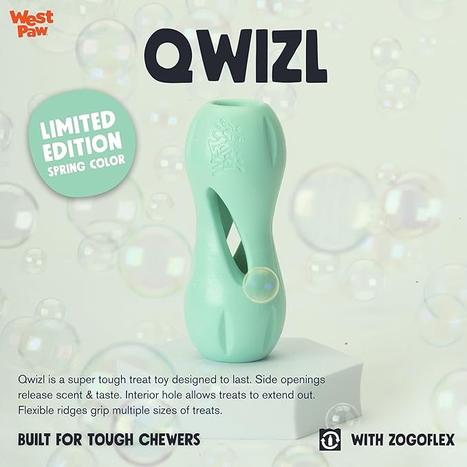 WEST PAW Zogoflex Qwizl Dog Puzzle Treat Toy – Interactive Chewing for Dogs – Dispenses Pet Treats – Brightly-Colored Dog Enrichment Toy for Aggressive Chewers, Fetch, Catch, Small 5.5", Mint-Mewly Pet