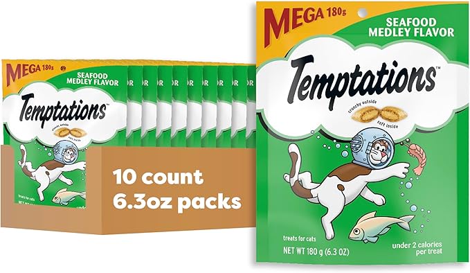 Temptations Classic Crunchy and Soft Cat Treats, Seafood Medley Flavor, 6.3 oz. Pouch (Pack of 10)-Mewly Pet