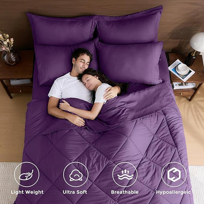 HEVUMYI Grape Purple Queen Comforter Set - 7-Piece All Season Bed in a Bag Queen, Ultra Soft Bedding Set with Comforter, Flat Sheet, Fitted Sheet, Pillowcases, Pillow Shams
