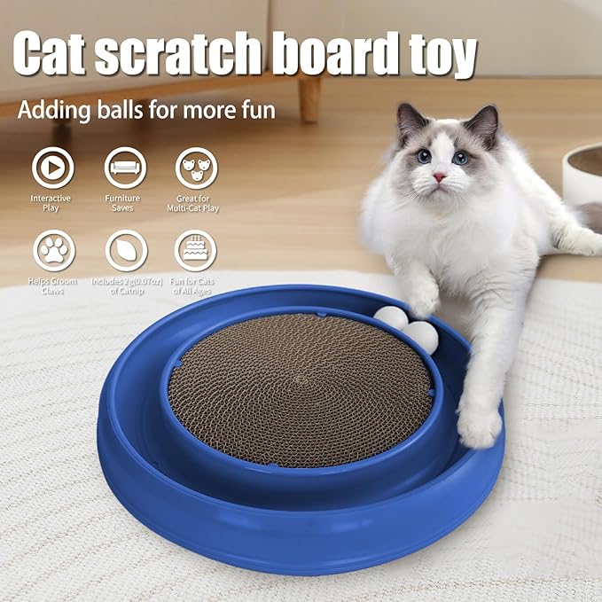 Interactive Cat Scratcher with Two Rotating Balls,Durable Scratch Pad for Indoor Play,Cardboard Cat Scratcher Pad with Cat Toy Ball Track and Catnip,2-in-1 Cat Toy (Blue)-Mewly Pet