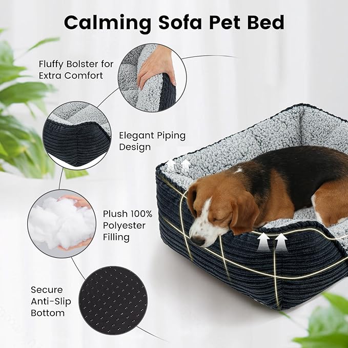 Miguel Washable Dog Bed with Removable Cushion for Medium Small Dogs, Easy to Wash Pet Sofa Bed with Side, Rectangle Bolster Cat Bed Calming Cuddle Puppy Bed with Anti-Slip Bottom, Black 25 Inch-Mewly Pet