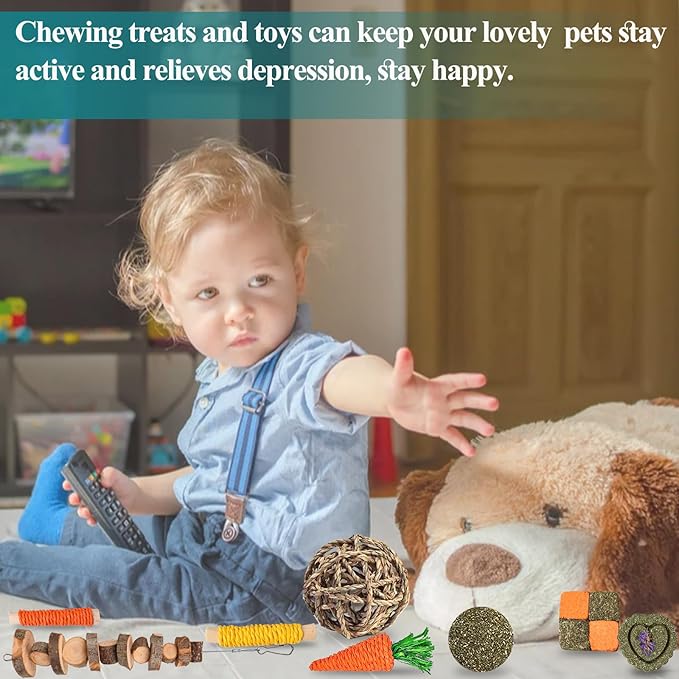 HERCOOCI 18Pcs Rabbit Chew Toys, Bunny Treats and Ball Timothy Hay Stick Toys for Rabbit Bunny Guinea Pig Chinchilla Hamster Teeth Care-Mewly Pet