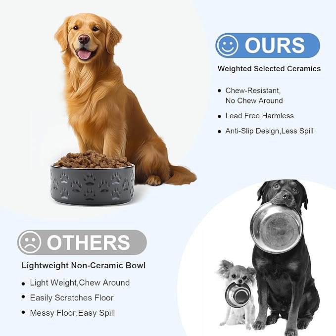 SPUNKYJUNKY Ceramic Dog Bowls 2 Pack, 8.3'' Dog Food Water Double Feeding Bowls Non-Slip for Medium to Large Sized Breed Microwave Dishwasher Safe - 60 OZ, 2pcs, Paw Black-Mewly Pet
