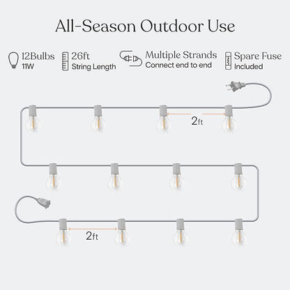 Brightech Ambience Pro LED String Lights - 26 Ft Commercial Grade Patio Lights Outdoor Waterproof - 12 Globe Porch String Lights for Outside, Backyard - 1W Vintage Edison Bulbs, Shine Bright, White