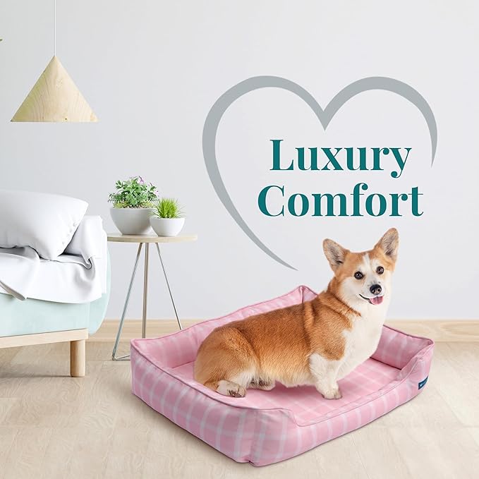 Orthopedic Bolster Dog Bed – CertiPUR-US Foam, Recycled Polyester Canvas, Washable Cover, Anti-Slip Bottom, Medium, Pink Check – Stylish Designer Dog Sofa-Mewly Pet