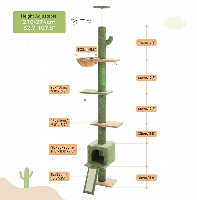 PEQULTI Floor to Ceiling Cat Tree, Tall Cat Tower, Adjustable Height (83''-108'') 5 Levels Climbing Tree for Indoor Cats with Cat Condo, Cozy Hammock and Scratching Post, Green-Mewly Pet