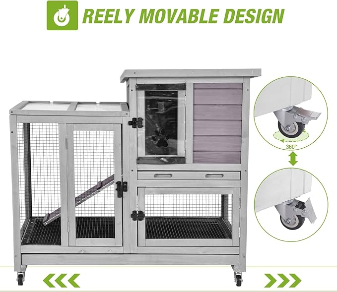 GUTINNEEN 2-Story Rabbit Hutch Indoor with Chew-Proof Ramp & Slide-Out Plastic Trays - Wooden Small Animal Cage Guinea Pig Cages with Wheels for 2-4 Rabbits, Bunnies, and Guinea Pigs (Grey)-Mewly Pet