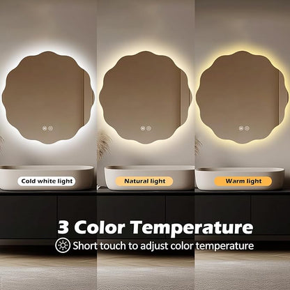 Round LED Bathroom Mirror with Lights 30", Stepless Dimmable Circle LED Mirror with 3 Colors, Anti-Fog, Memory, Frameless Smart Vanity Mirror