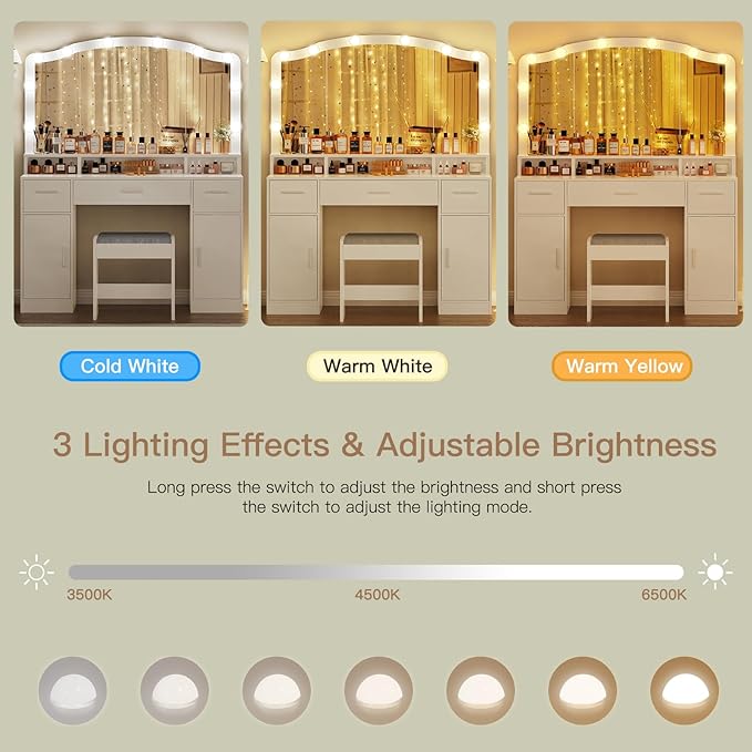 usikey 43.3” Vanity Desk with Large Mirror and Lights, Makeup Vanity with 3 Lighting Color Adjustable, Dressing Table Set with Storage Cabinet, Drawers and Chair for Girls Bedroom, White