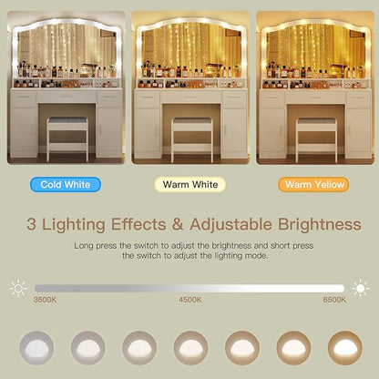 usikey 43.3” Vanity Desk with Large Mirror and Lights, Makeup Vanity with 3 Lighting Color Adjustable, Dressing Table Set with Storage Cabinet, Drawers and Chair for Girls Bedroom, White