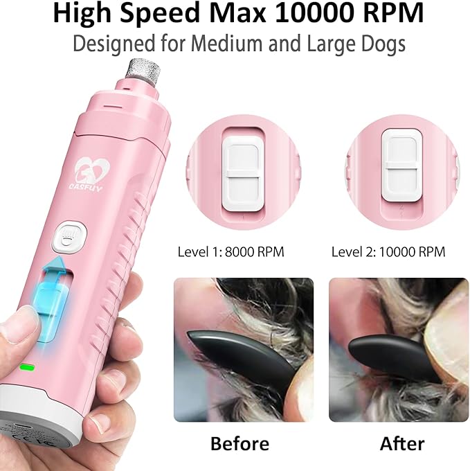 Casfuy Dog Nail Grinder with 2 LED Light for Large Medium Small Dogs - 3X More Powerful 2-Speed Electric Pet Nail Trimmer Rechargeable Quiet Painless Paws Grooming & Smoothing Tool-Mewly Pet