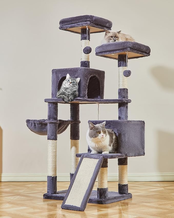 Taoqimiao 56.3-Inch Cat Tree, Cat Tower with Scratching Posts, Cat Tree House for Indoor Cats with hammocks, Toys, Condo and Large Scratch Board, Smoky Gray MS012G-Mewly Pet