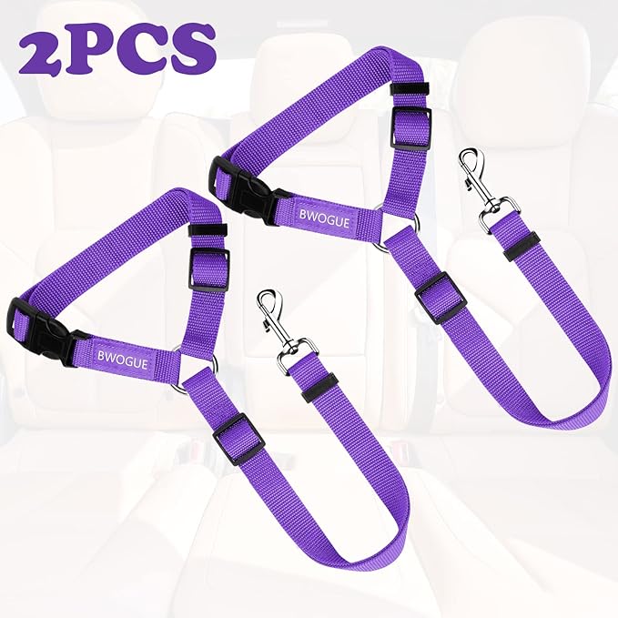 BWOGUE 2 Packs Dog Cat Safety Seat Belt Strap Car Headrest Restraint Adjustable Nylon Fabric Dog Restraints Vehicle Seatbelts Harness Purple-Mewly Pet