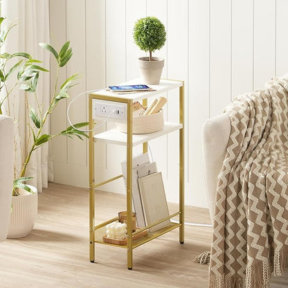 HOOBRO Small Narrow Side Table with Charging Station, Skinny End Table for Small Spaces, Slim Nightstand with USB Ports Outlet, Sofa Beside Table with Storage Shelf, White and Gold DW102UBZ01