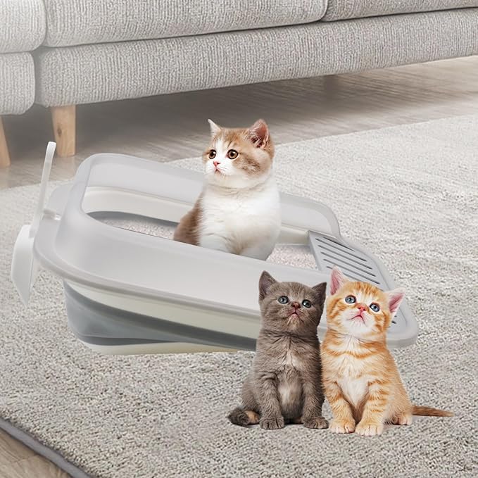 Open Cat Bedpan with Spoon,Shallow Splash Proof Travel Litter Box with Sand Drop Pedal High Side Low Entrance Cat Toilet Semi-Enclosed Adjustable for Kittens Elderly Cats Disabled Cats(Gray)-Mewly Pet