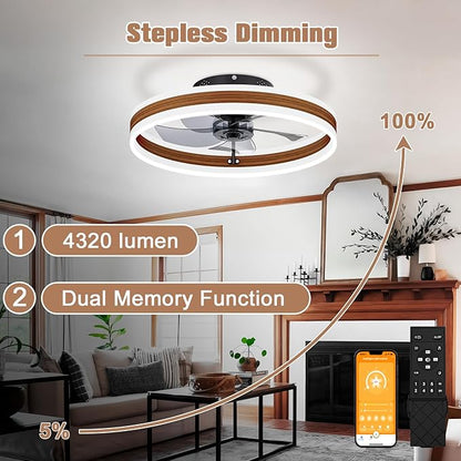 VOLISUN Low Profile Ceiling Fans with Lights and Remote, 19.7in Farmhouse Ceiling Fans with Light Flush Mount, 3000K-6500K Dimmable Fandelier LED Fan Light, Bladeless Ceiling Fans for Bedroom