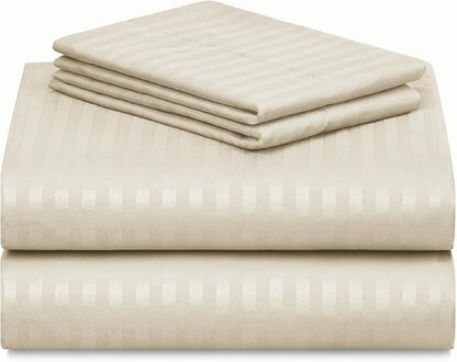 LuxClub Striped Sheets, 3 PC Striped Bed Sheets Twin Size, Deep Pockets 18" Eco Friendly Wrinkle Free-Kids-Fitted Sheets Machine Washable Hotel Bedding (Twin, Cream)
