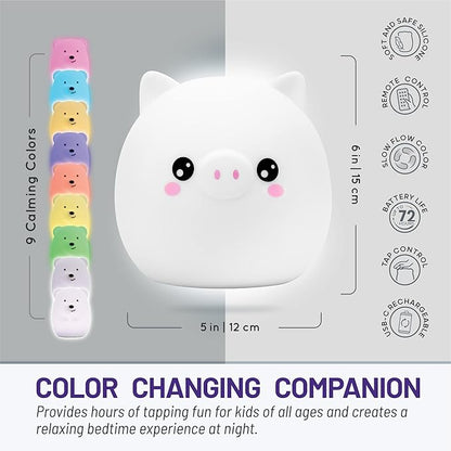 Lumipets Remote Control Silicone Night Light for Kids - Pig Design with 9 Soft Colors & Sleep Timer - Rechargeable, Battery-Operated Lamp for Bedroom | Baby Nursery, Toddler, Girls, Boys