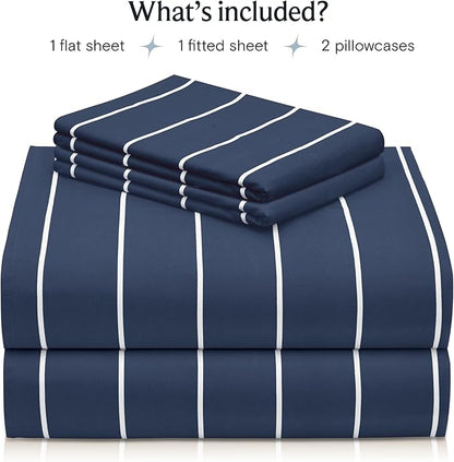 LuxClub 4 PC Cal King Size Sheet Set Bed Sheets, Breathable Luxury Deep Pockets Wrinkle Free Cooling Sheets Machine Washable Hotel Bedding (Cal King, Striped Navy)
