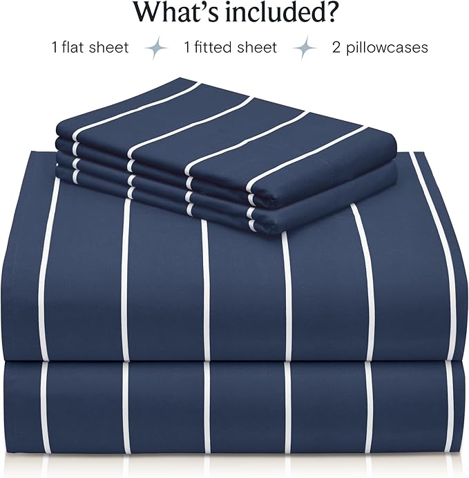 LuxClub 4 PC Queen Size Sheet Set Bed Sheets, Breathable Luxury Deep Pockets Wrinkle Free Cooling Sheets Machine Washable Hotel Bedding (Queen, Striped Navy)