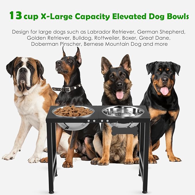 Elevated Dog Bowls for Large Extral Large Breed, Raised Bowl Stand with 2 Stainless Steel Bowls (101oz) and Spill-Proof Mat, 17" Tall Dog Feeder for Extra Large Breeds-Mewly Pet