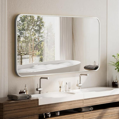 BEAUTYPEAK Wall Mounted Bathroom Mirror - 26" x 38" Silver Rectangular Aluminum Alloy Frame Mirror with Rounded Corners