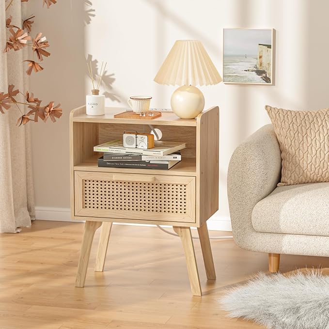 Lerliuo Rattan Nightstands Set of 2 with Charging Station, Boho Night Stand with Handmade Natural Rattan Drawer and Open Shelf, Side End Tables with Solid Wood Legs for Bedroom, Dorm, Small Spaces